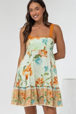 Himari Mini Dress - Tie Up Strap Tiered Sun Dress with Contrast Neckline Trim in Noriko Print>Salty Crush Hot