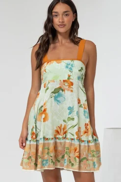 Himari Mini Dress - Tie Up Strap Tiered Sun Dress with Contrast Neckline Trim in Noriko Print>Salty Crush Hot