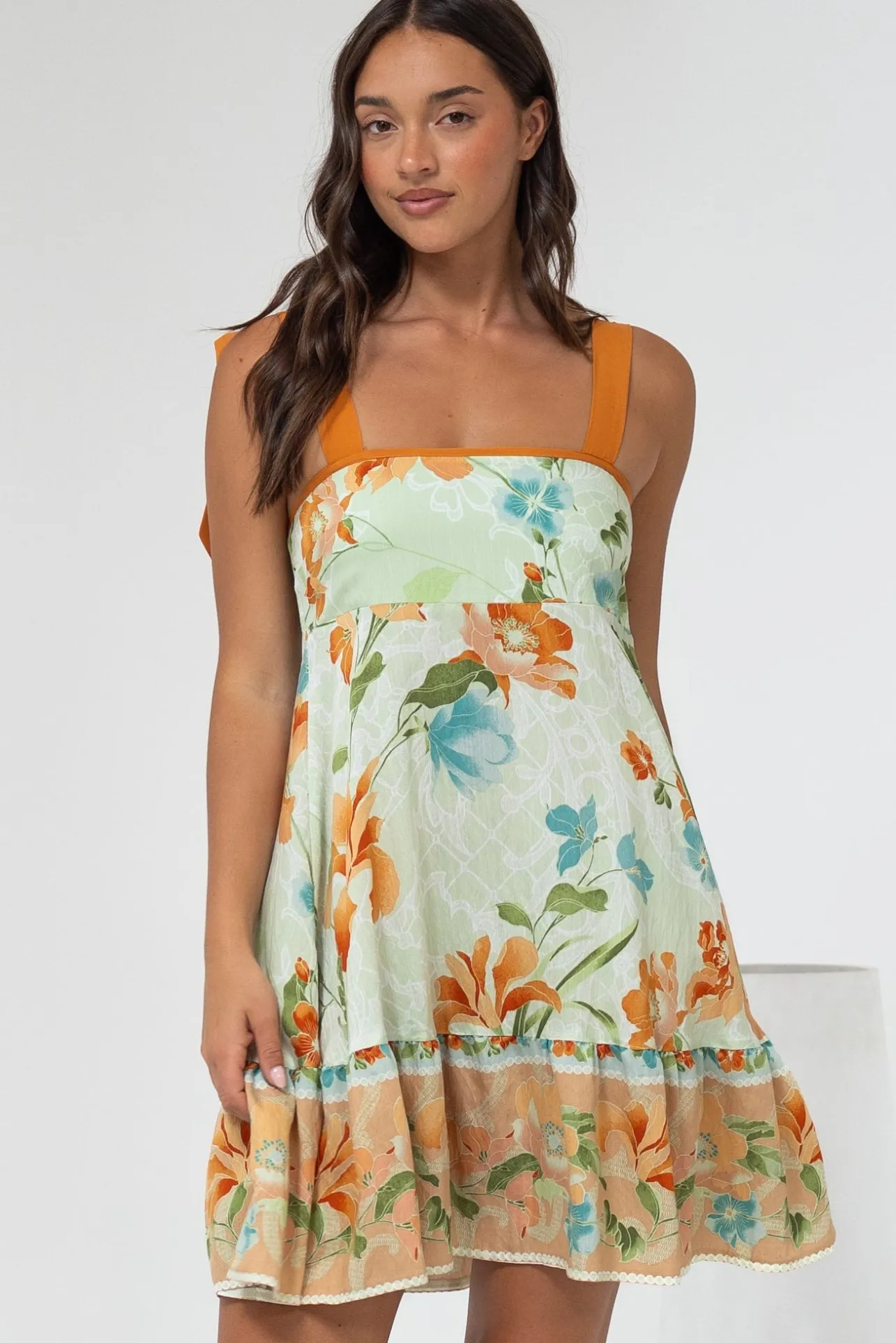 Himari Mini Dress - Tie Up Strap Tiered Sun Dress with Contrast Neckline Trim in Noriko Print>Salty Crush Hot