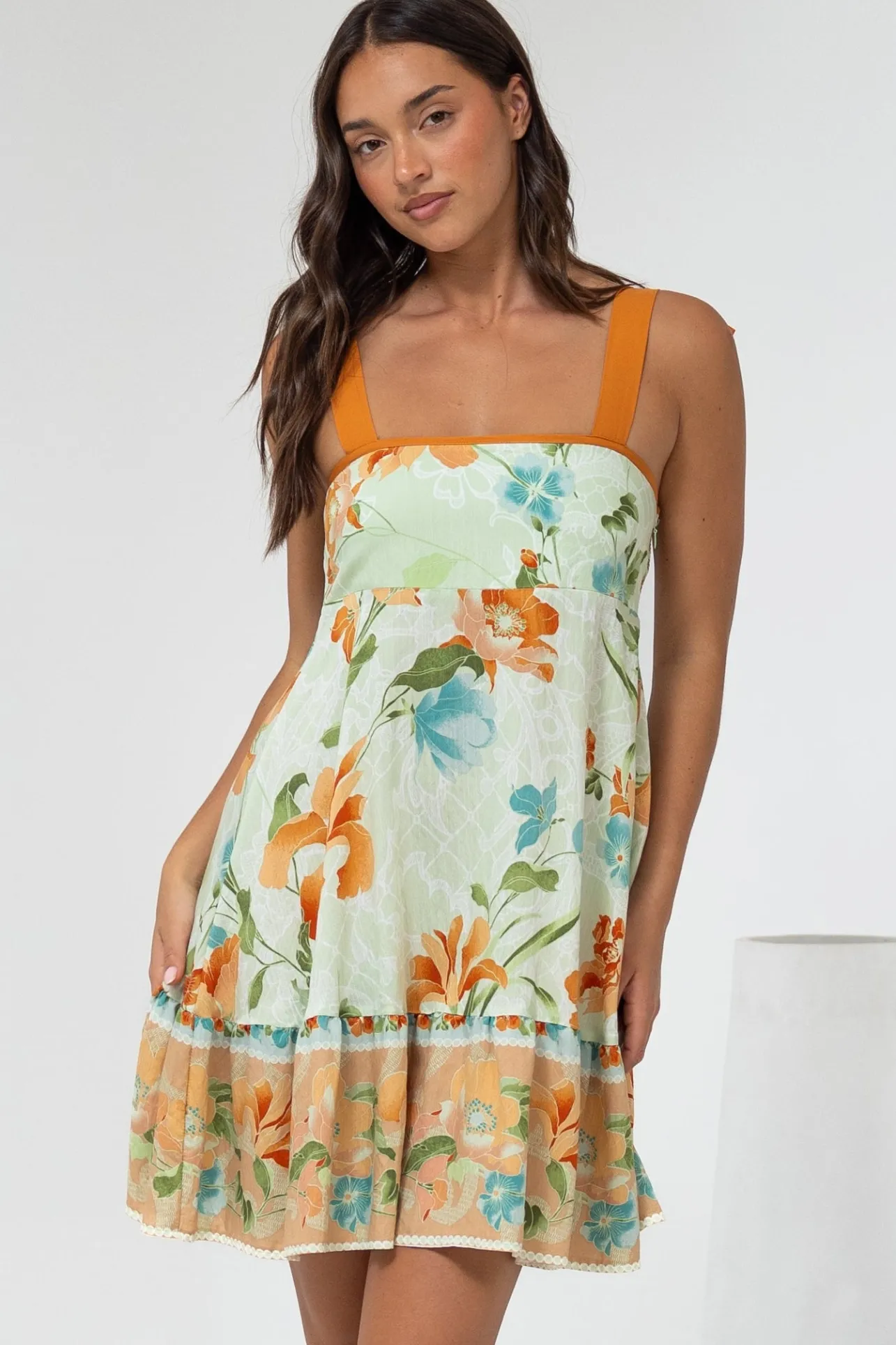 Himari Mini Dress - Tie Up Strap Tiered Sun Dress with Contrast Neckline Trim in Noriko Print>Salty Crush Hot