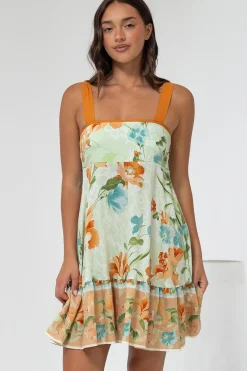 Himari Mini Dress - Tie Up Strap Tiered Sun Dress with Contrast Neckline Trim in Noriko Print><noscript><img width=
