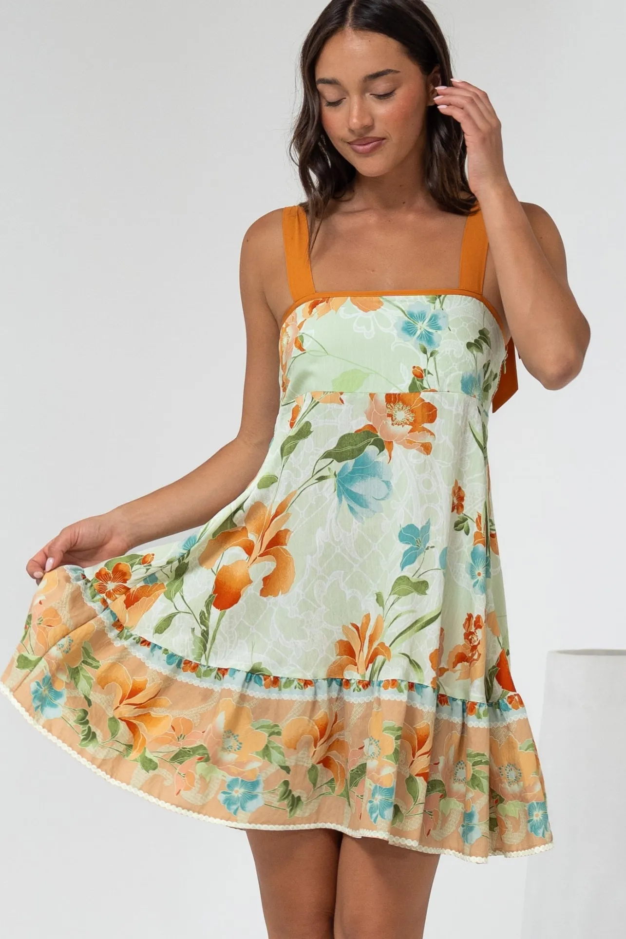Himari Mini Dress - Tie Up Strap Tiered Sun Dress with Contrast Neckline Trim in Noriko Print>Salty Crush Hot