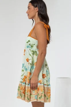 Himari Mini Dress - Tie Up Strap Tiered Sun Dress with Contrast Neckline Trim in Noriko Print><noscript><img width=