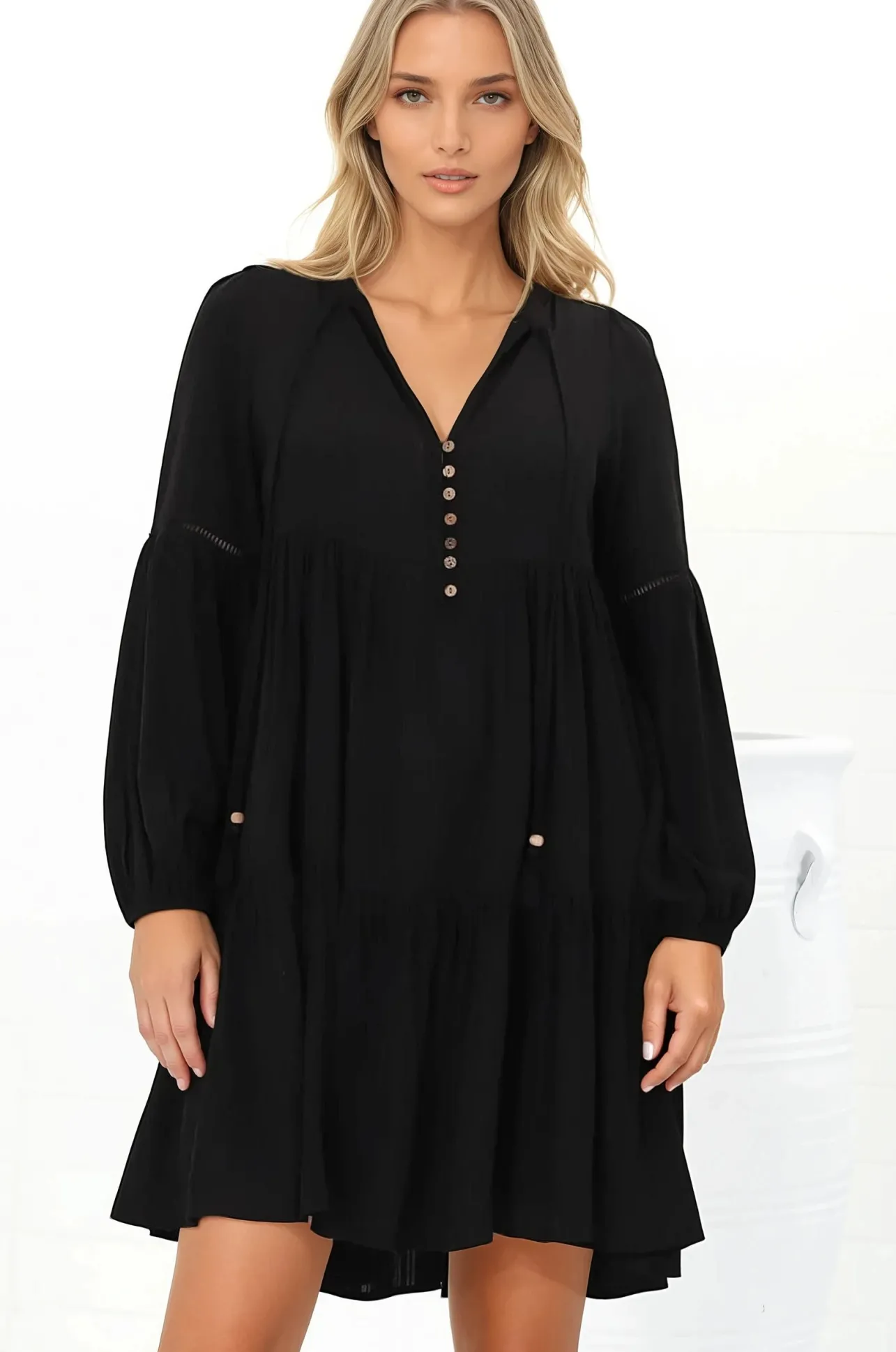 Hollis Mini Dress - Buttoned Bodice Long Sleeve Smock Dress in Black>Salty Crush Discount