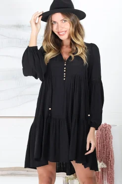 Hollis Mini Dress - Buttoned Bodice Long Sleeve Smock Dress in Black>Salty Crush Discount