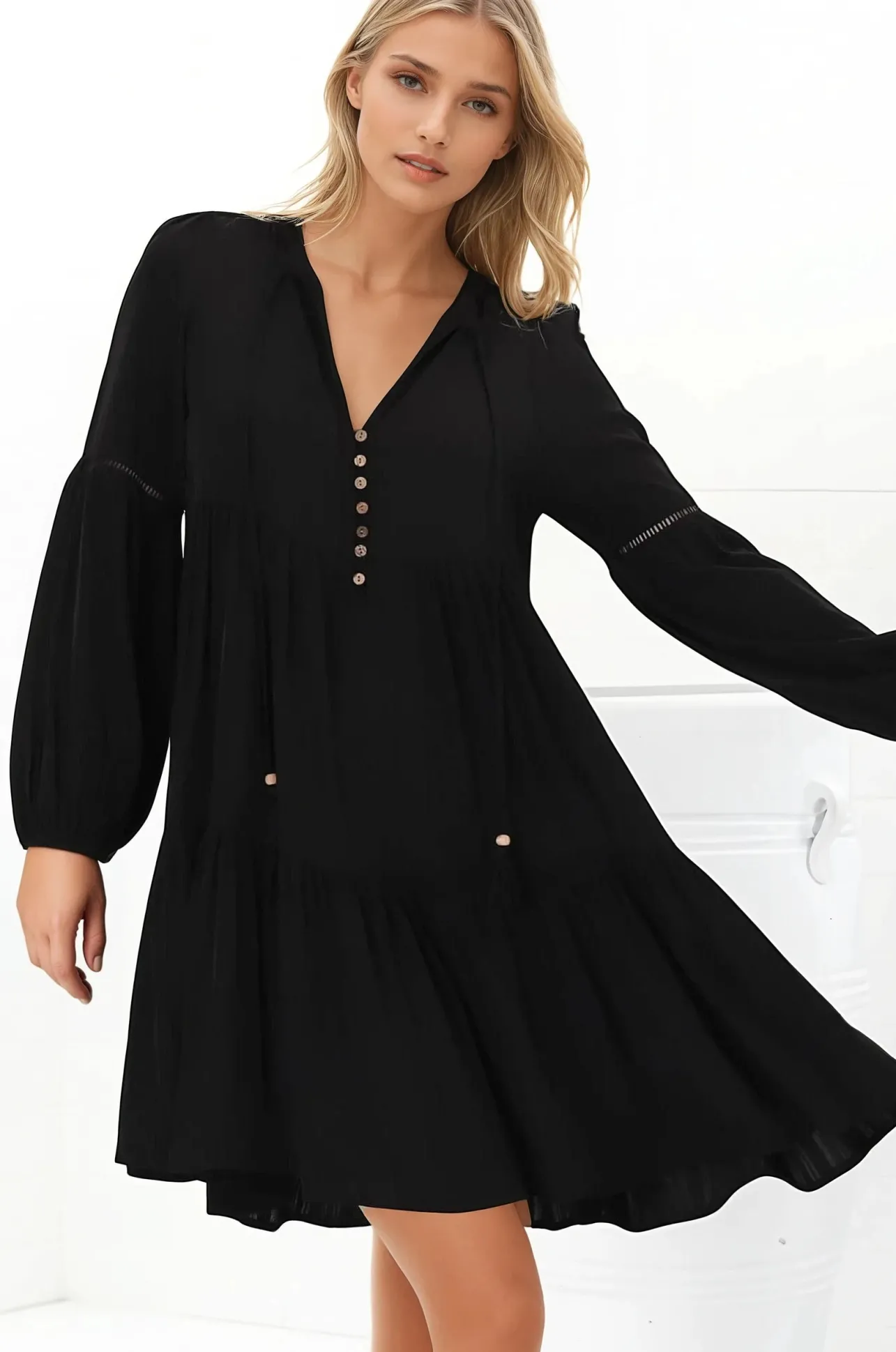 Hollis Mini Dress - Buttoned Bodice Long Sleeve Smock Dress in Black>Salty Crush Discount