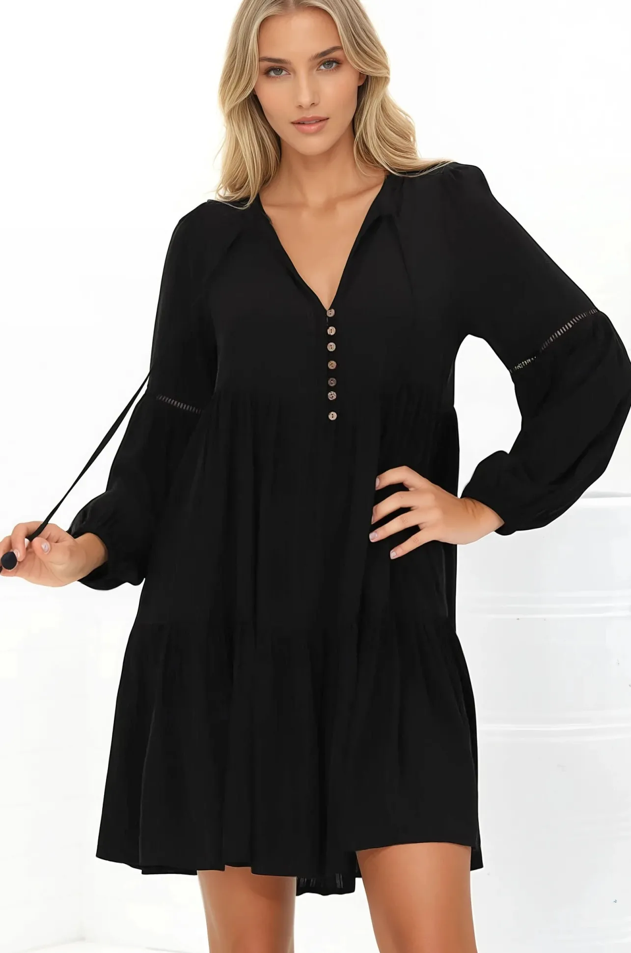 Hollis Mini Dress - Buttoned Bodice Long Sleeve Smock Dress in Black>Salty Crush Discount