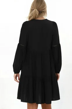 Hollis Mini Dress - Buttoned Bodice Long Sleeve Smock Dress in Black><noscript><img width=