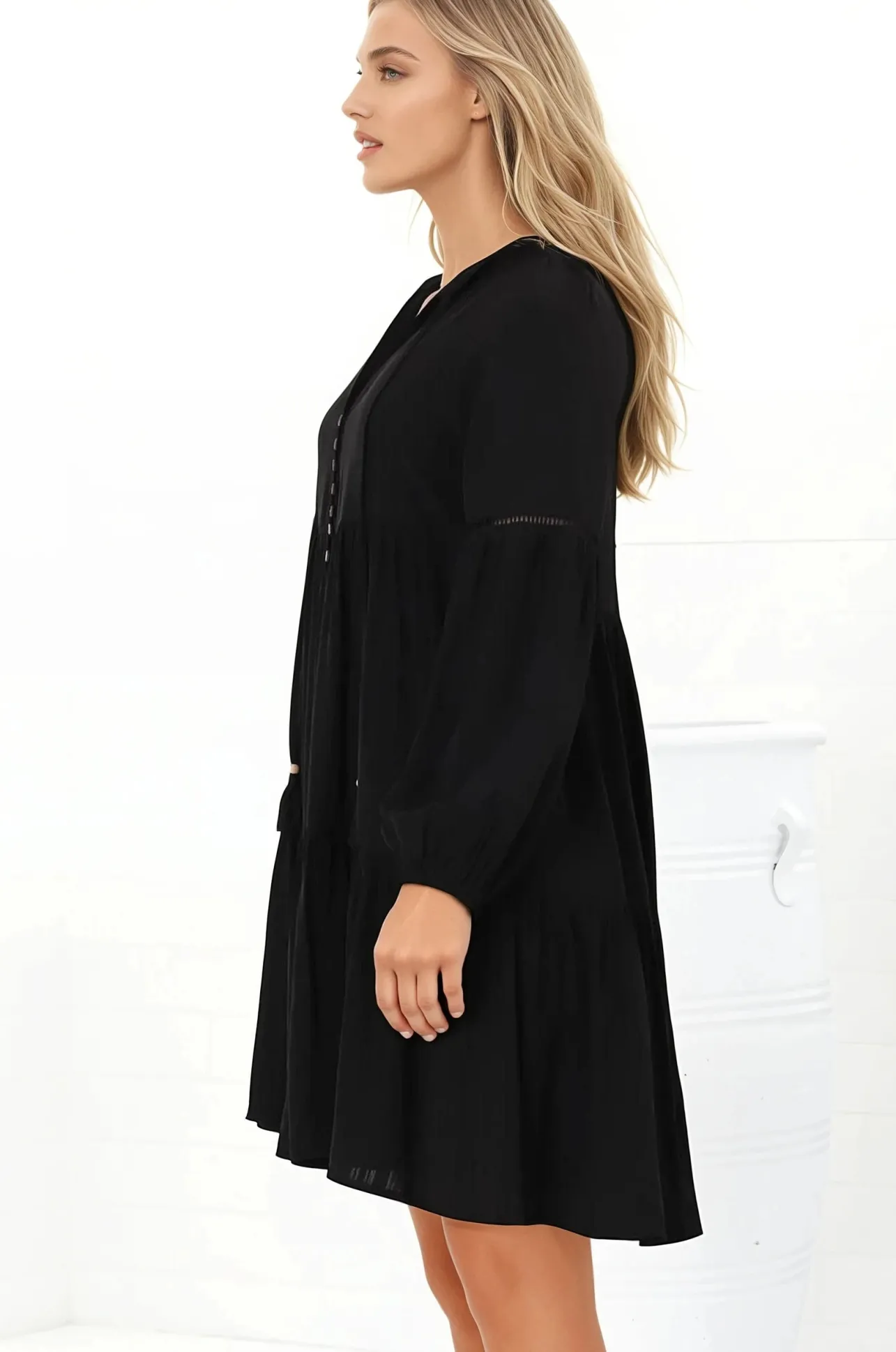 Hollis Mini Dress - Buttoned Bodice Long Sleeve Smock Dress in Black>Salty Crush Discount