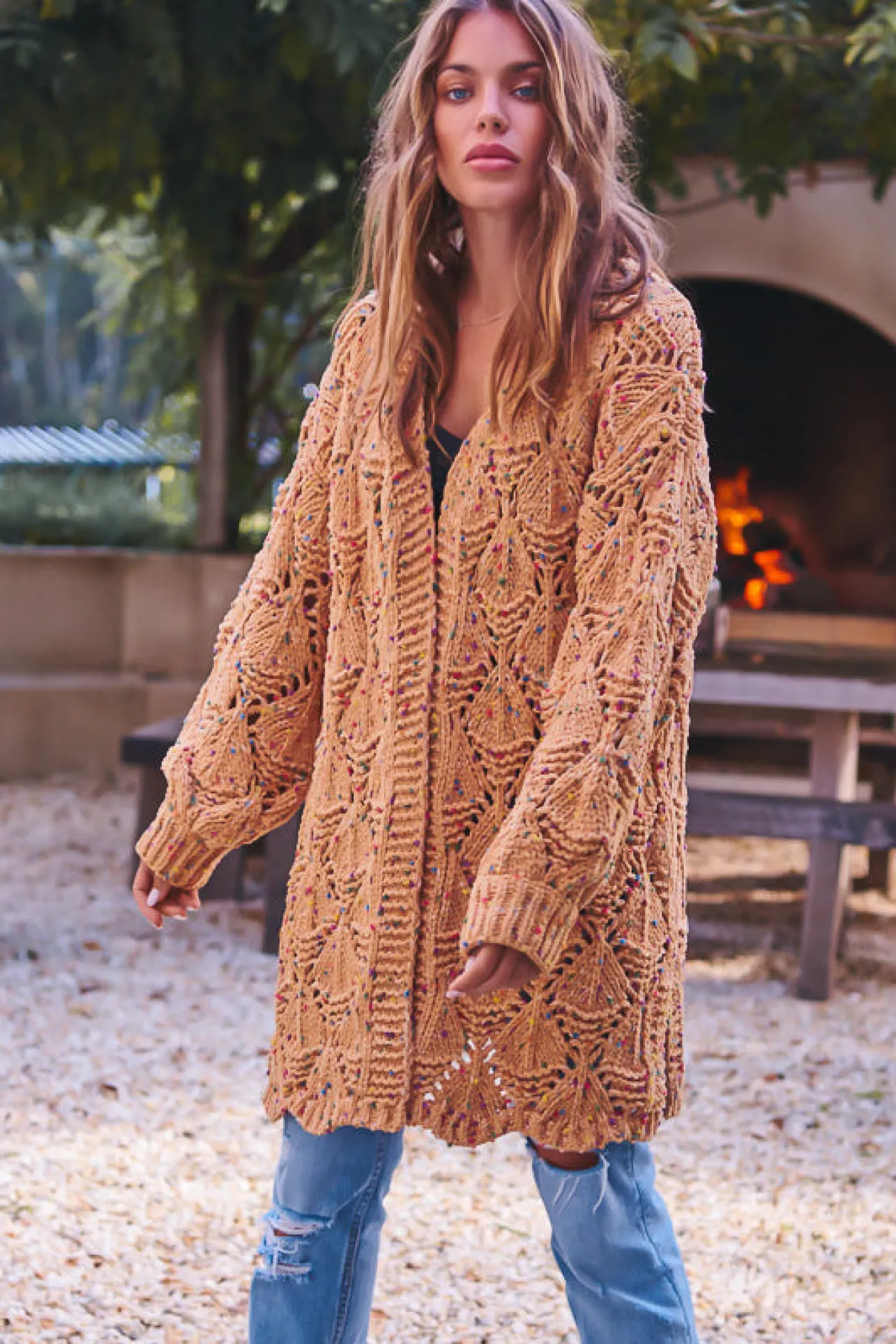 Honour Cardigan - Rainbow Speck Open Knit Cardigan in Mustard>Jaase Best