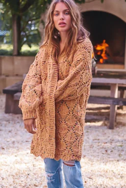 Honour Cardigan - Rainbow Speck Open Knit Cardigan in Mustard><noscript><img width=