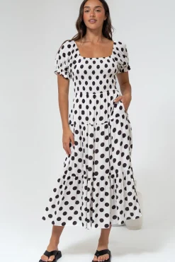 Hush Midi Dress - Square Neckline Dress with Pockets in Chocolate Spot><noscript><img width=