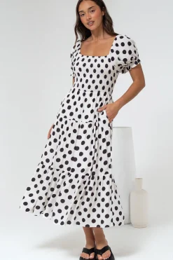 Hush Midi Dress - Square Neckline Dress with Pockets in Chocolate Spot><noscript><img width=