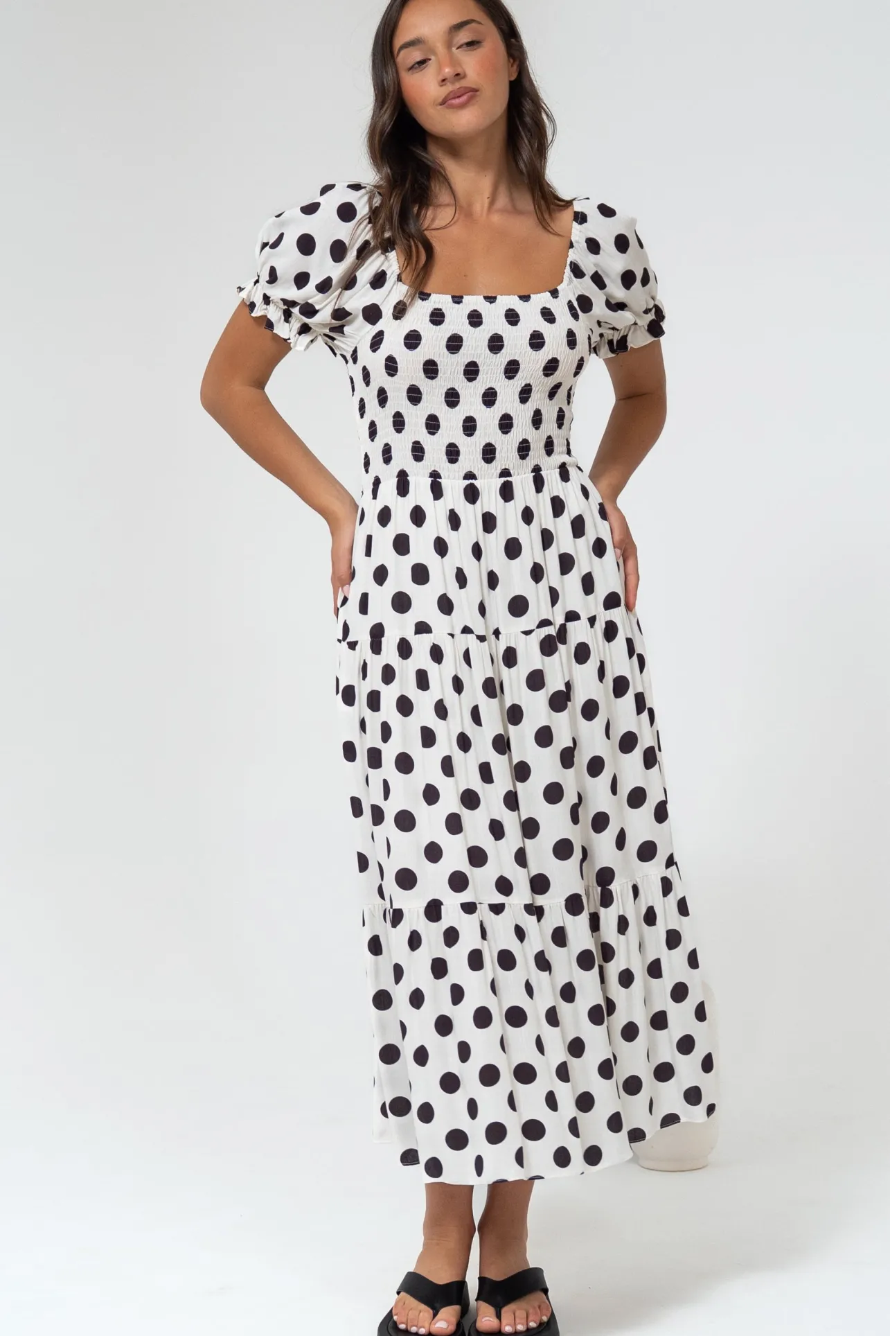 Hush Midi Dress - Square Neckline Dress with Pockets in Chocolate Spot>Salty Crush Best