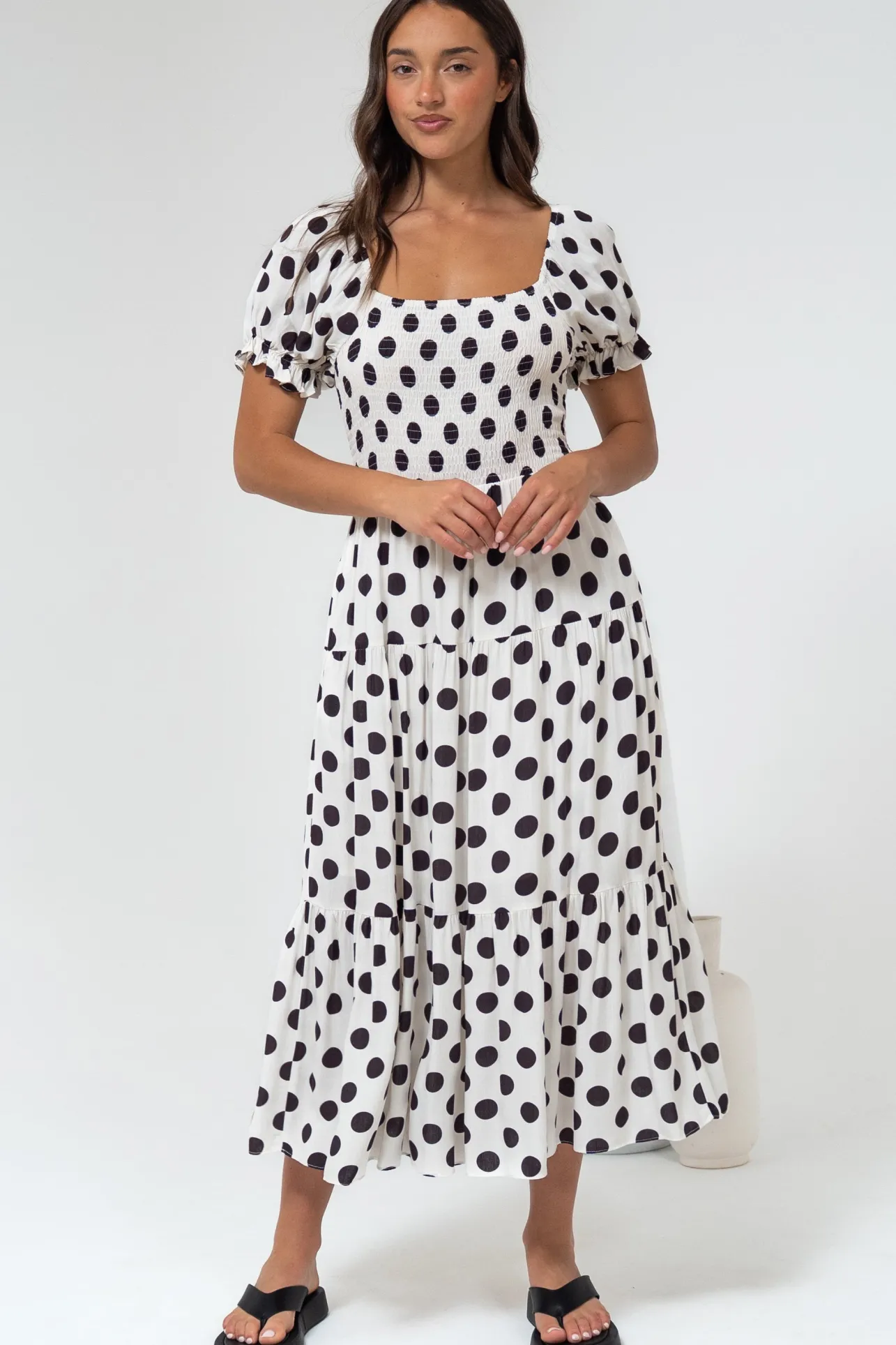 Hush Midi Dress - Square Neckline Dress with Pockets in Chocolate Spot>Salty Crush Best