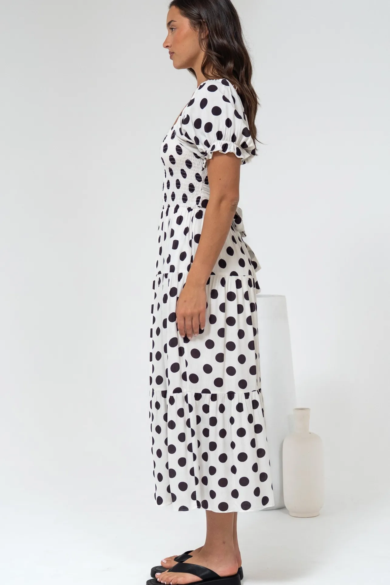 Hush Midi Dress - Square Neckline Dress with Pockets in Chocolate Spot>Salty Crush Best