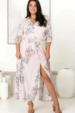 Indiana Maxi Dress - Lace Back Shirred Waist A Line Dress with Handkerchief Hemline in Blooming Bouquet Print>Jaase Sale