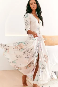 Indiana Maxi Dress - Lace Back Shirred Waist A Line Dress with Handkerchief Hemline in Blooming Bouquet Print><noscript><img width=