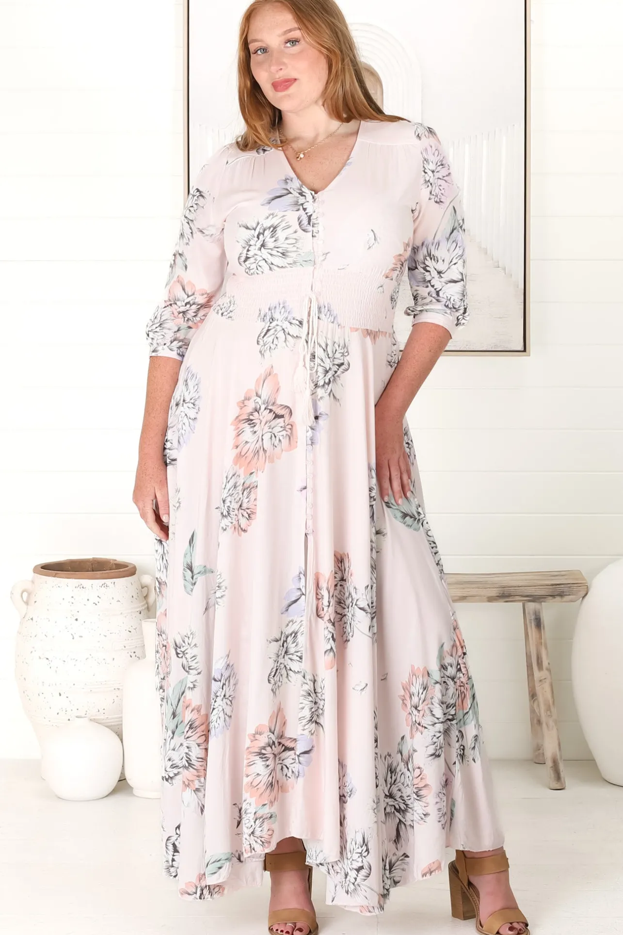 Indiana Maxi Dress - Lace Back Shirred Waist A Line Dress with Handkerchief Hemline in Blooming Bouquet Print>Jaase Sale