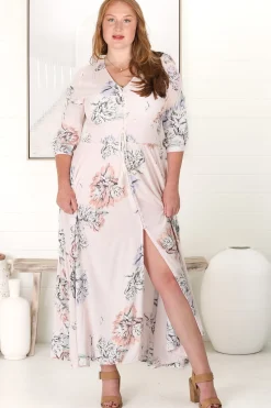 Indiana Maxi Dress - Lace Back Shirred Waist A Line Dress with Handkerchief Hemline in Blooming Bouquet Print><noscript><img width=
