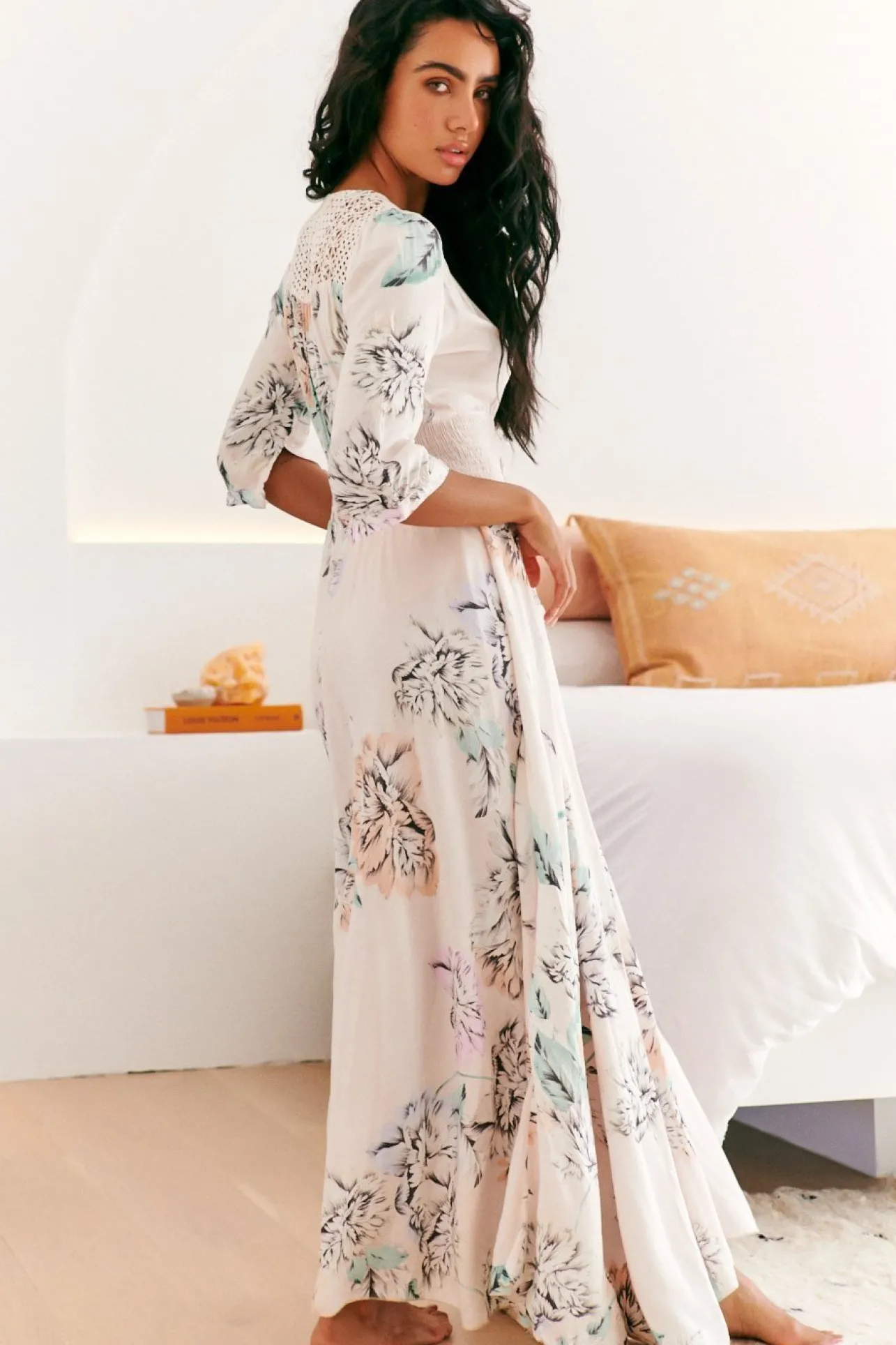 Indiana Maxi Dress - Lace Back Shirred Waist A Line Dress with Handkerchief Hemline in Blooming Bouquet Print>Jaase Sale
