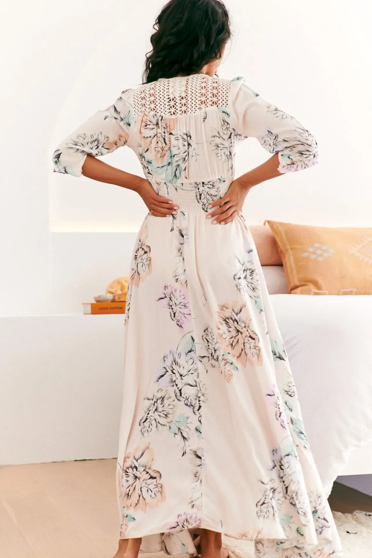 Indiana Maxi Dress - Lace Back Shirred Waist A Line Dress with Handkerchief Hemline in Blooming Bouquet Print>Jaase Sale