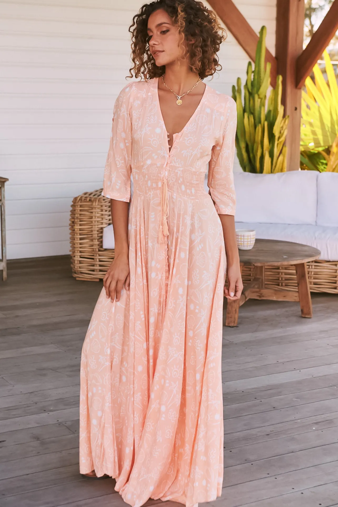 Indiana Maxi Dress - Lace Back Shirred Waist A Line Dress with Handkerchief Hemline in Peach Island Print>Jaase Clearance