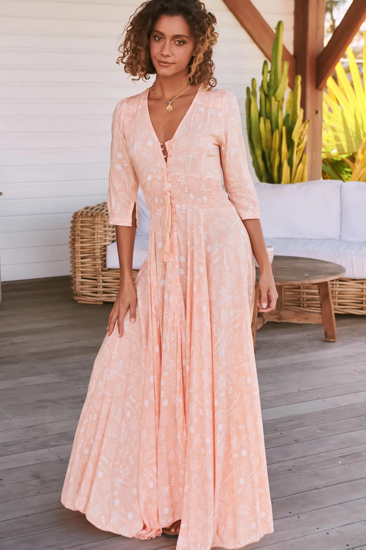 Indiana Maxi Dress - Lace Back Shirred Waist A Line Dress with Handkerchief Hemline in Peach Island Print>Jaase Clearance