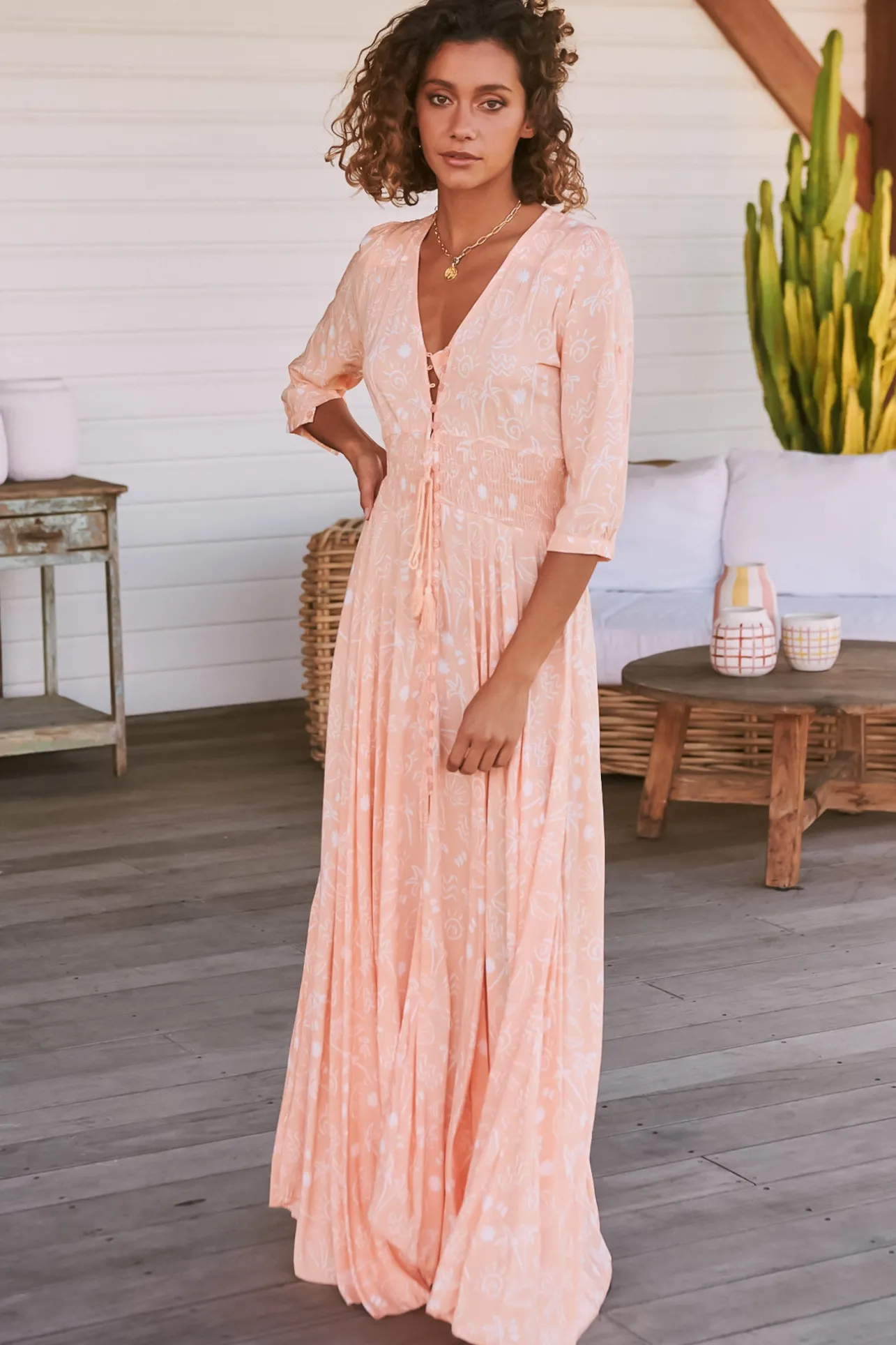 Indiana Maxi Dress - Lace Back Shirred Waist A Line Dress with Handkerchief Hemline in Peach Island Print>Jaase Clearance
