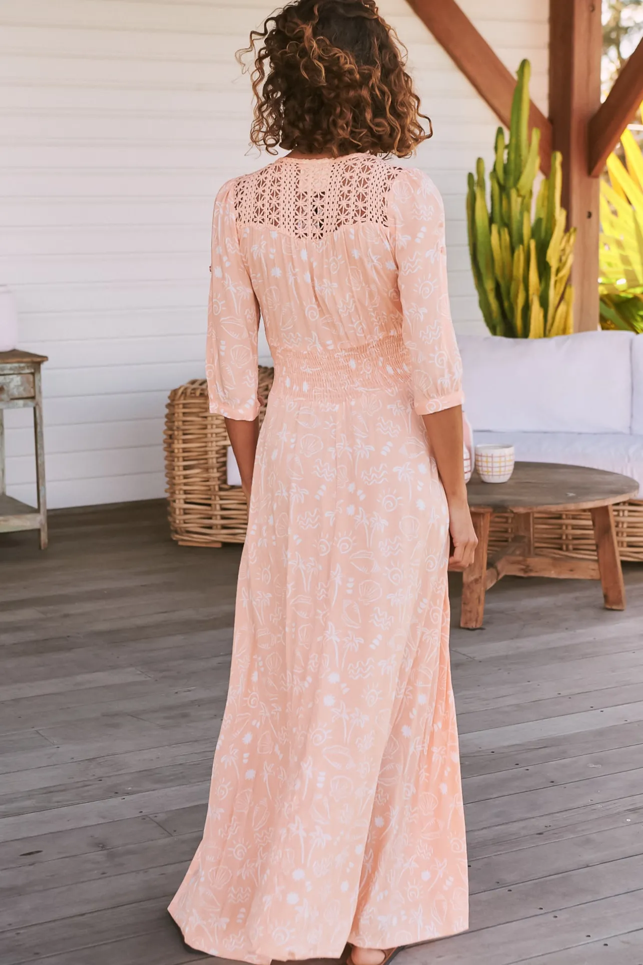 Indiana Maxi Dress - Lace Back Shirred Waist A Line Dress with Handkerchief Hemline in Peach Island Print>Jaase Clearance