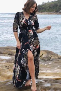 Indiana Maxi Dress - Lace Back Shirred Waist A Line Dress with Handkerchief Hemline in Indigo Print><noscript><img width=