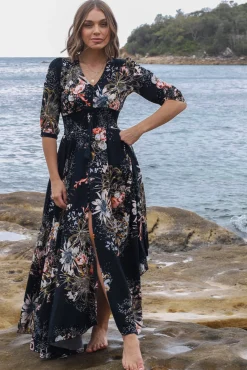 Indiana Maxi Dress - Lace Back Shirred Waist A Line Dress with Handkerchief Hemline in Indigo Print><noscript><img width=