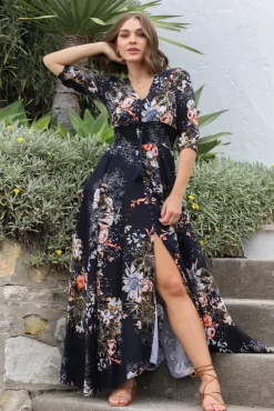 Indiana Maxi Dress - Lace Back Shirred Waist A Line Dress with Handkerchief Hemline in Indigo Print><noscript><img width=