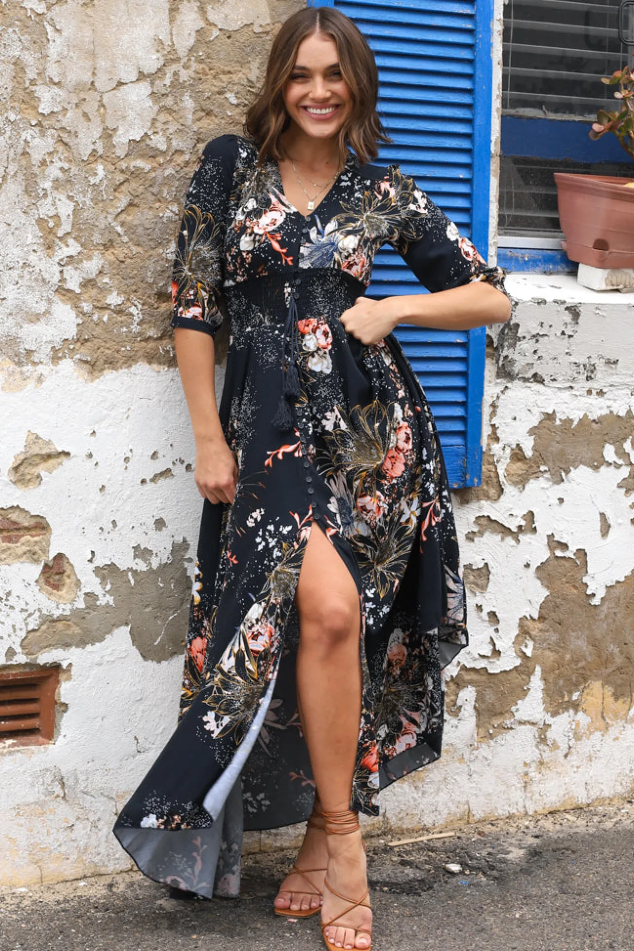 Indiana Maxi Dress - Lace Back Shirred Waist A Line Dress with Handkerchief Hemline in Indigo Print>Jaase Discount