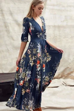 Indiana Maxi Dress - Lace Back Shirred Waist A Line Dress with Handkerchief Hemline in Indigo Print><noscript><img width=