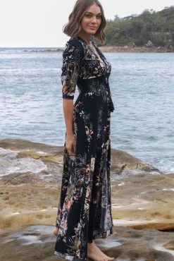 Indiana Maxi Dress - Lace Back Shirred Waist A Line Dress with Handkerchief Hemline in Indigo Print><noscript><img width=