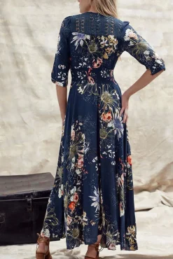 Indiana Maxi Dress - Lace Back Shirred Waist A Line Dress with Handkerchief Hemline in Indigo Print><noscript><img width=