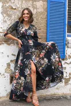 Indiana Maxi Dress - Lace Back Shirred Waist A Line Dress with Handkerchief Hemline in Indigo Print><noscript><img width=