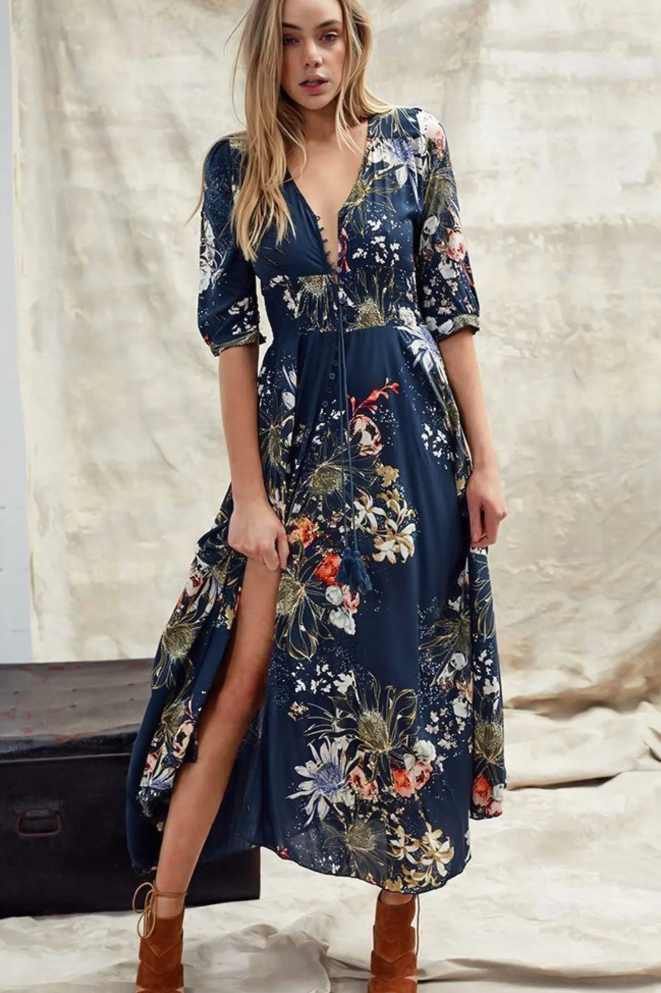 Indiana Maxi Dress - Lace Back Shirred Waist A Line Dress with Handkerchief Hemline in Indigo Print>Jaase Discount