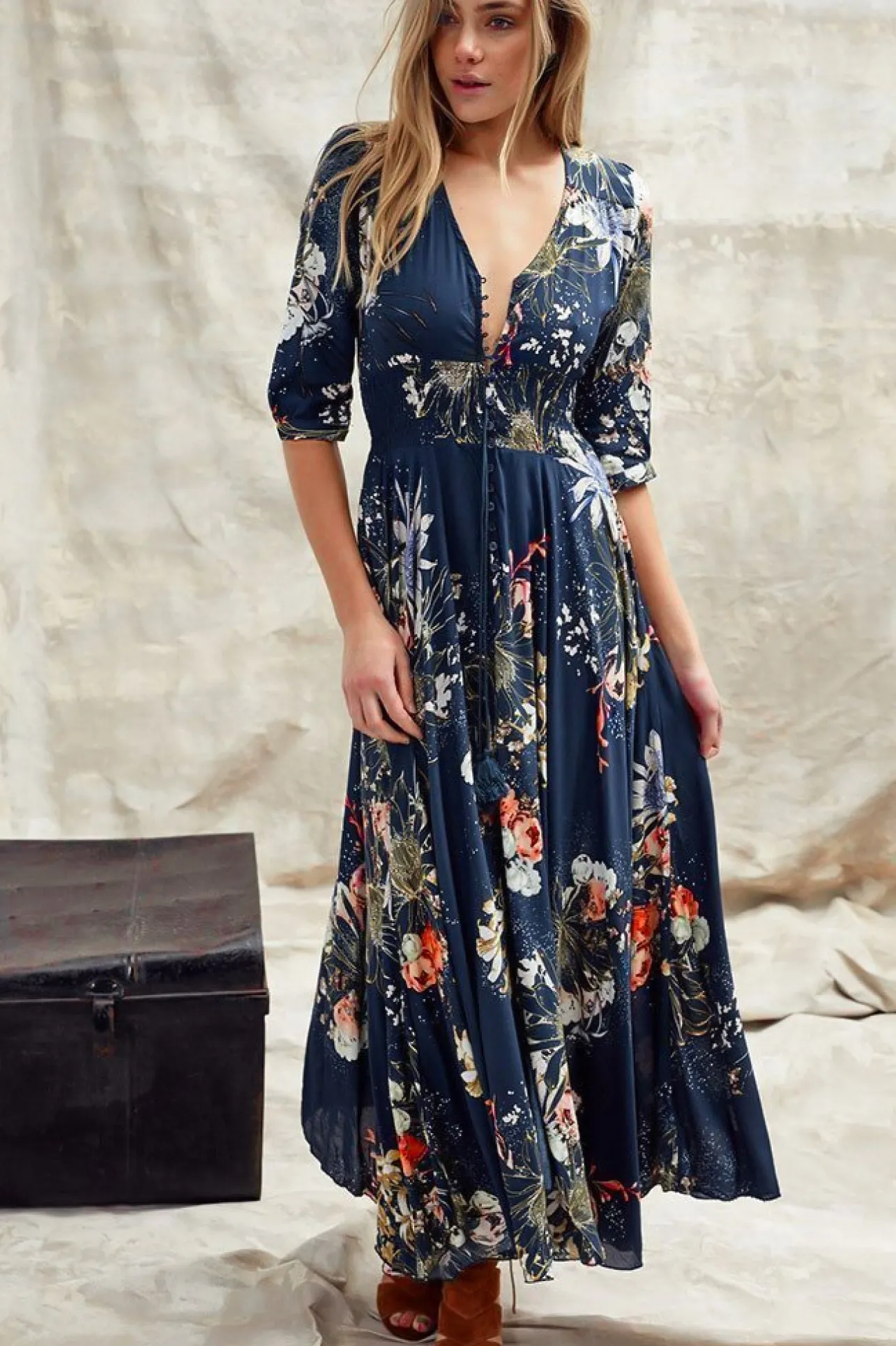 Indiana Maxi Dress - Lace Back Shirred Waist A Line Dress with Handkerchief Hemline in Indigo Print>Jaase Discount