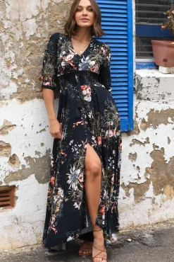 Indiana Maxi Dress - Lace Back Shirred Waist A Line Dress with Handkerchief Hemline in Indigo Print><noscript><img width=