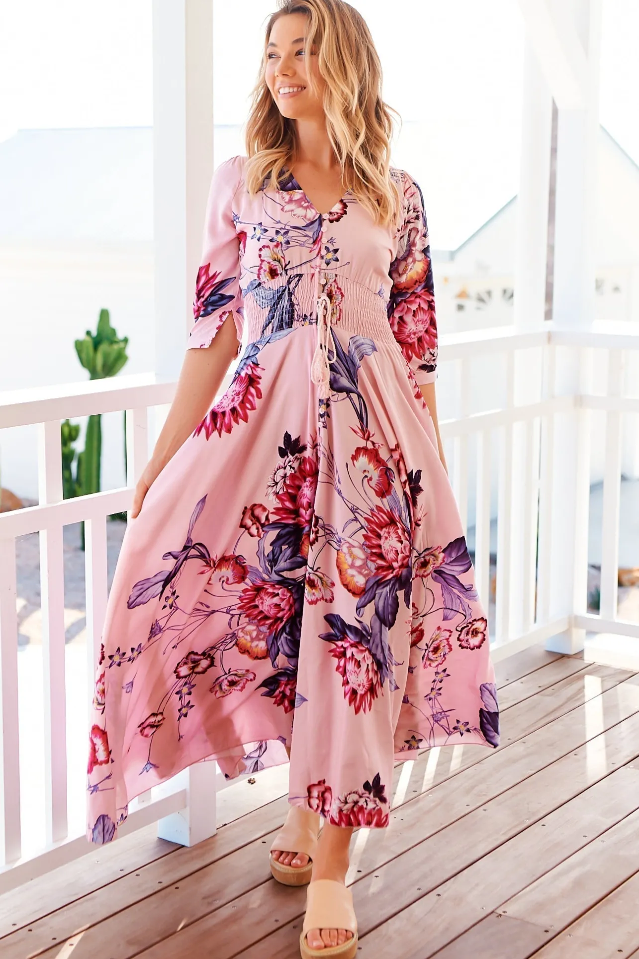 Indiana Maxi Dress - Lace Back Shirred Waist A Line Dress with Handkerchief Hemline in Dahlia Print>Jaase Hot