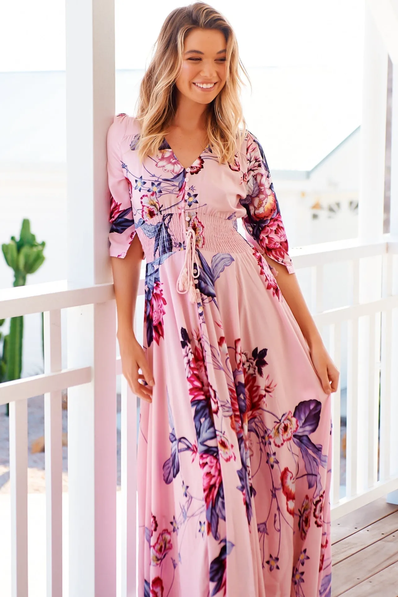 Indiana Maxi Dress - Lace Back Shirred Waist A Line Dress with Handkerchief Hemline in Dahlia Print>Jaase Hot