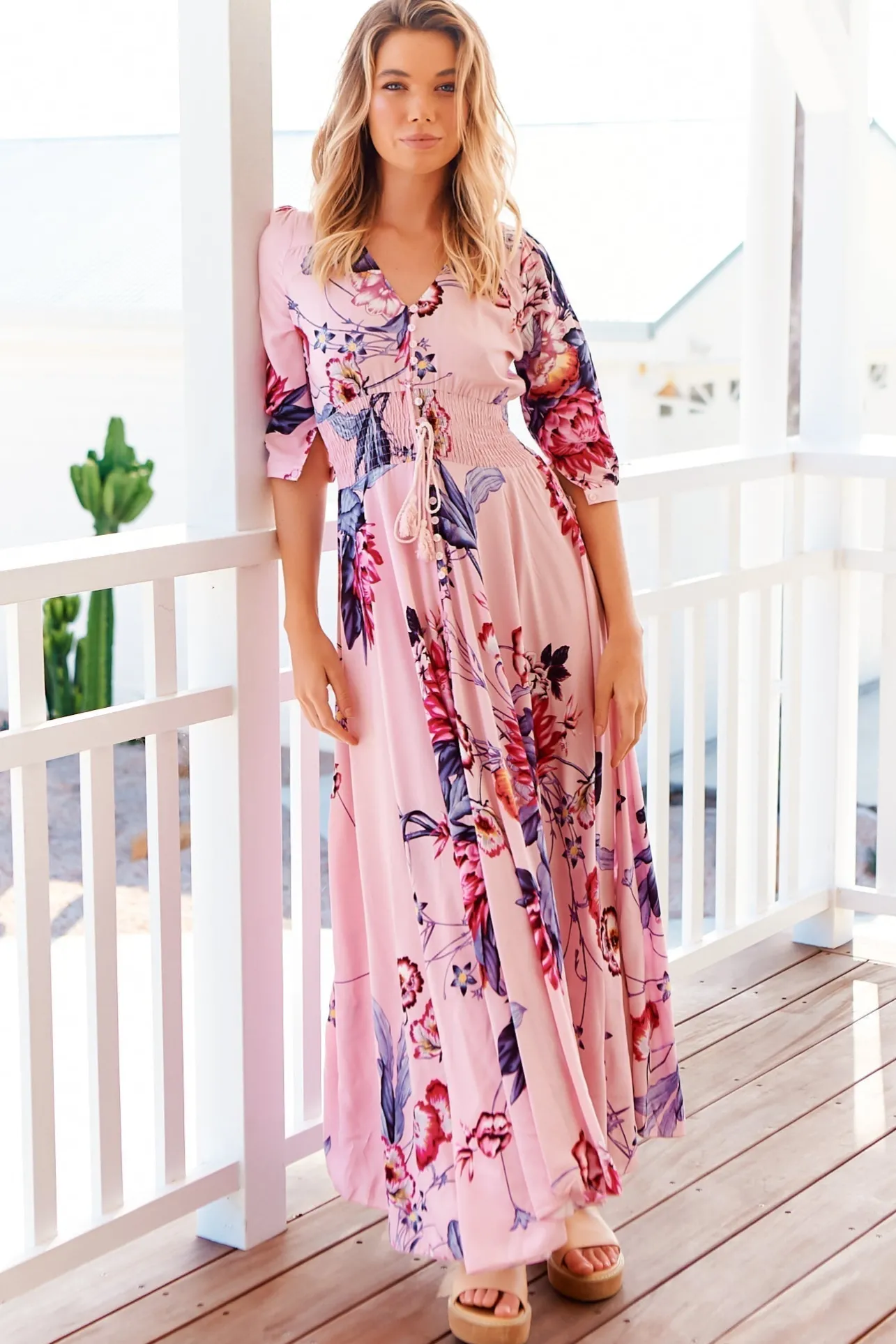 Indiana Maxi Dress - Lace Back Shirred Waist A Line Dress with Handkerchief Hemline in Dahlia Print>Jaase Hot
