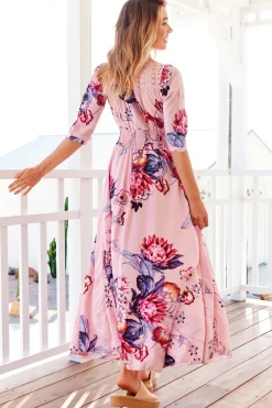 Indiana Maxi Dress - Lace Back Shirred Waist A Line Dress with Handkerchief Hemline in Dahlia Print><noscript><img width=