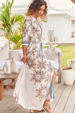 Indiana Maxi Dress - Lace Back Shirred Waist A Line Dress with Handkerchief Hemline in Gemstone Print><noscript><img width=