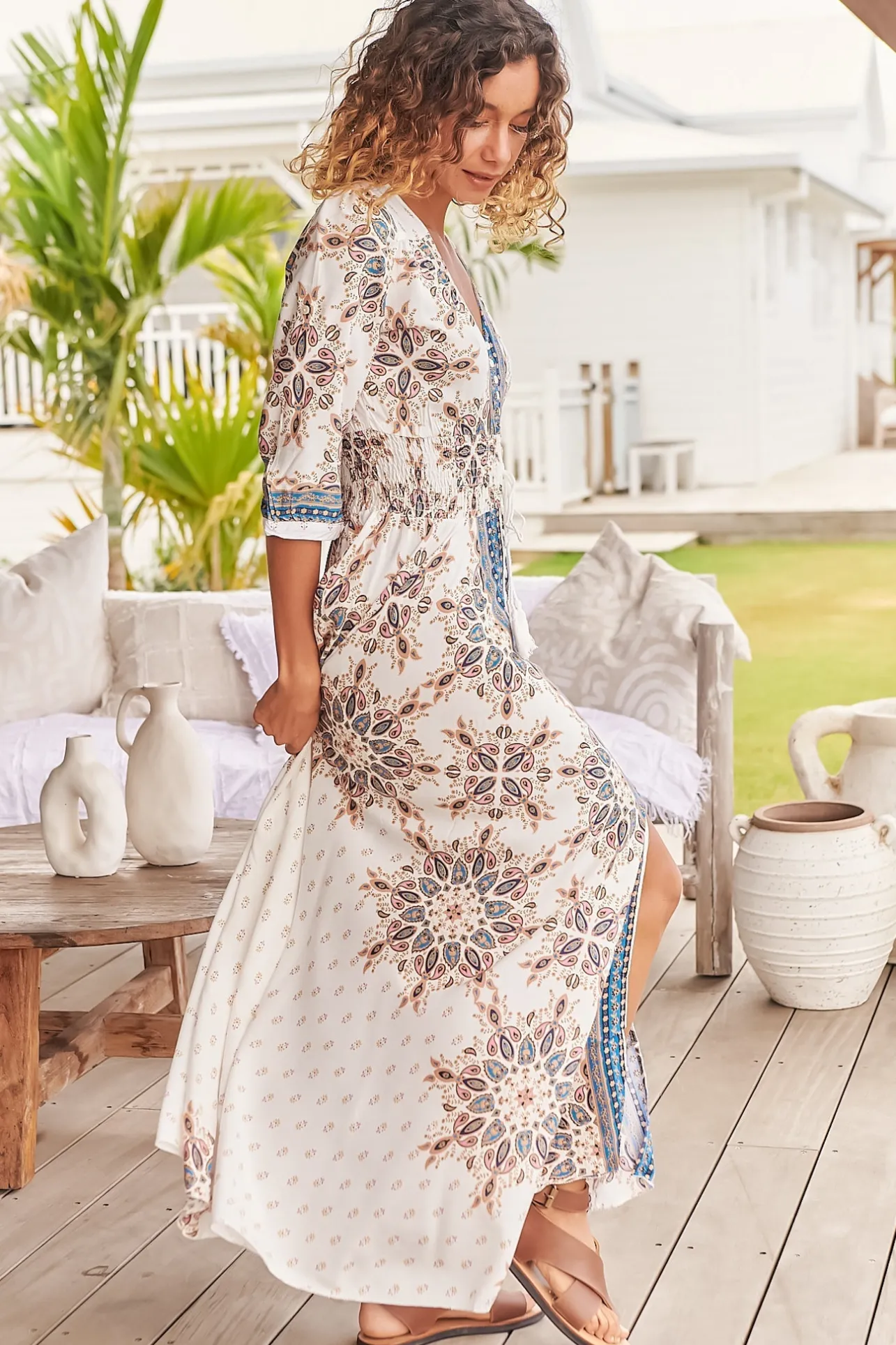 Indiana Maxi Dress - Lace Back Shirred Waist A Line Dress with Handkerchief Hemline in Gemstone Print>Jaase Outlet