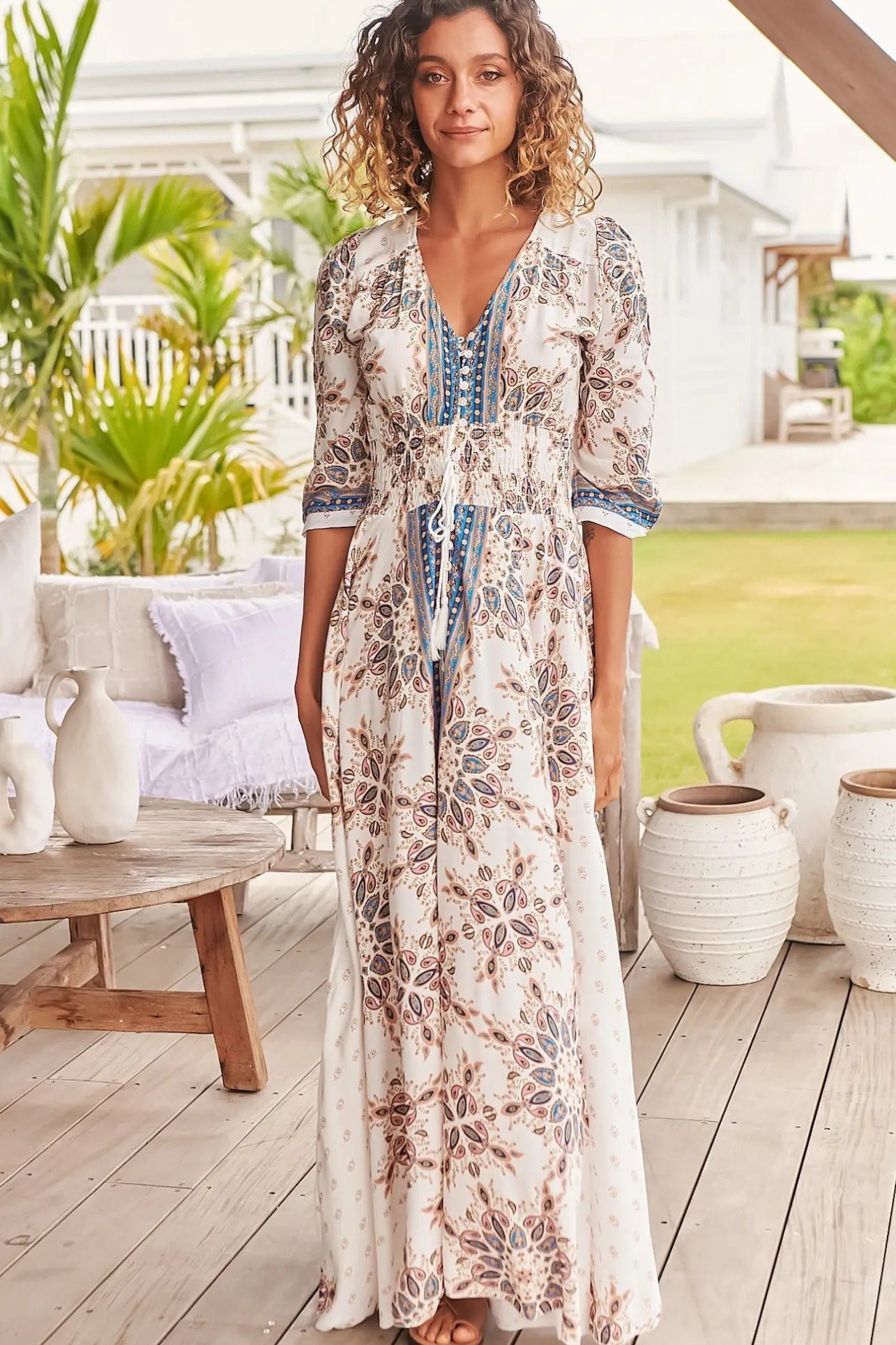 Indiana Maxi Dress - Lace Back Shirred Waist A Line Dress with Handkerchief Hemline in Gemstone Print>Jaase Outlet