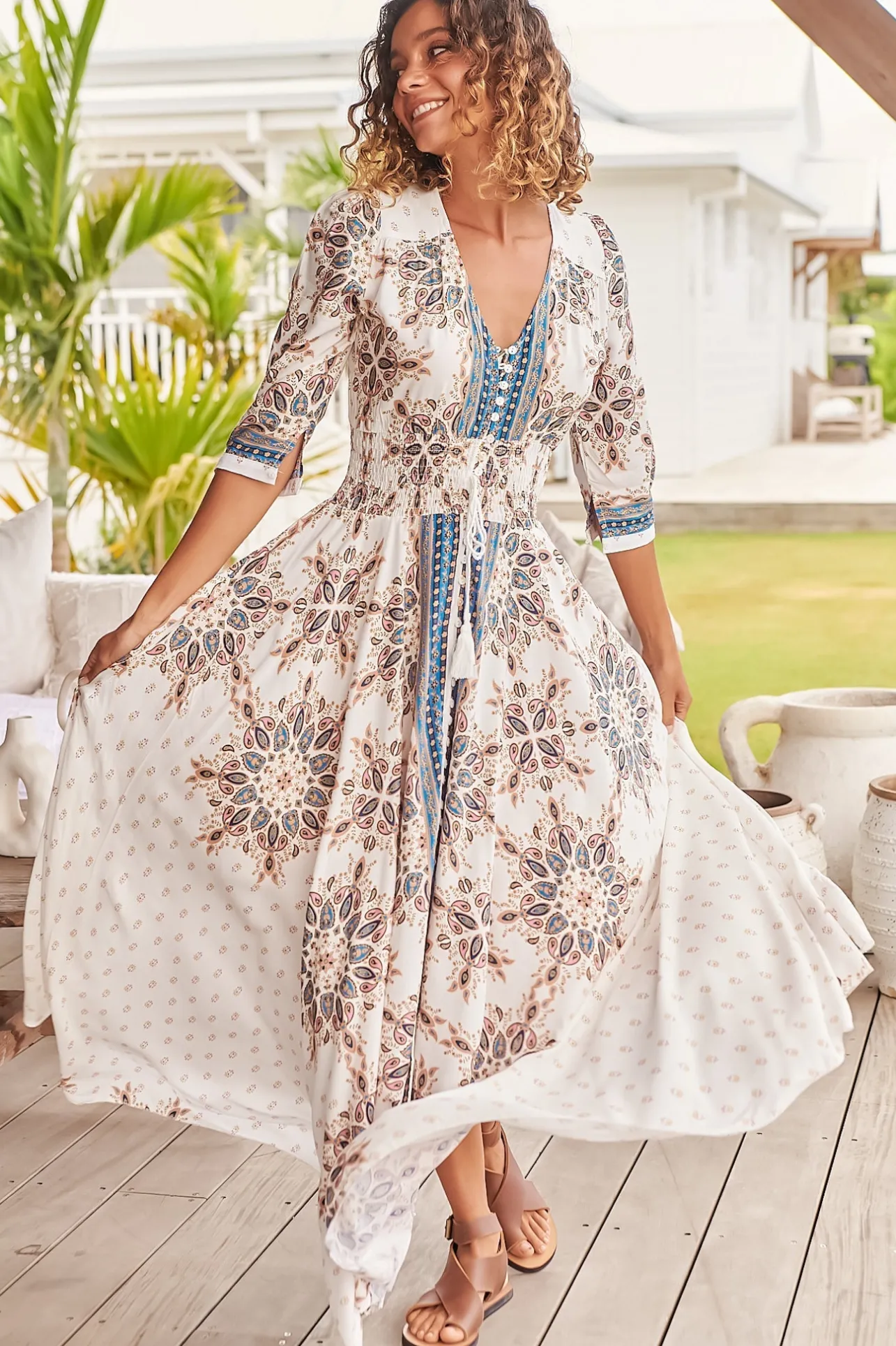 Indiana Maxi Dress - Lace Back Shirred Waist A Line Dress with Handkerchief Hemline in Gemstone Print>Jaase Outlet