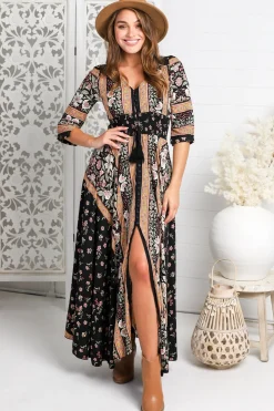 Indiana Maxi Dress - Lace Back Shirred Waist A Line Dress with Handkerchief Hemline in Eternity Print>Jaase Best